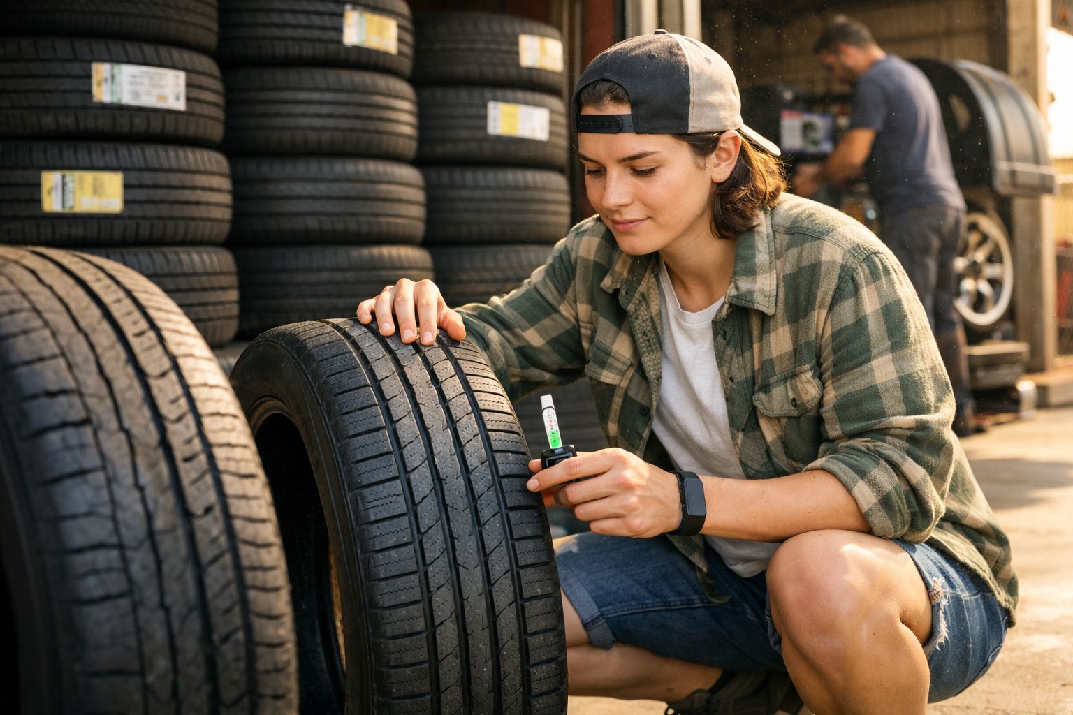 Jovem em oficina a medir a profundidade do piso de um pneu com ferramenta específica.