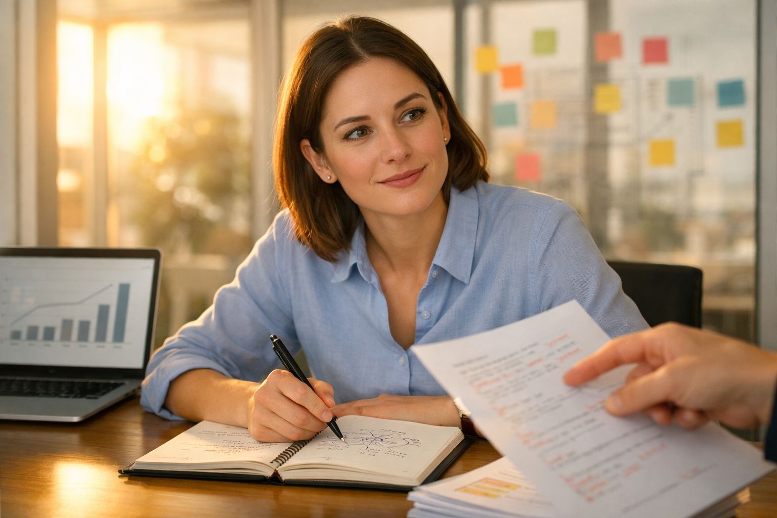 Mulher sorridente a fazer anotações durante reunião, com gráfico no portátil e notas à frente.