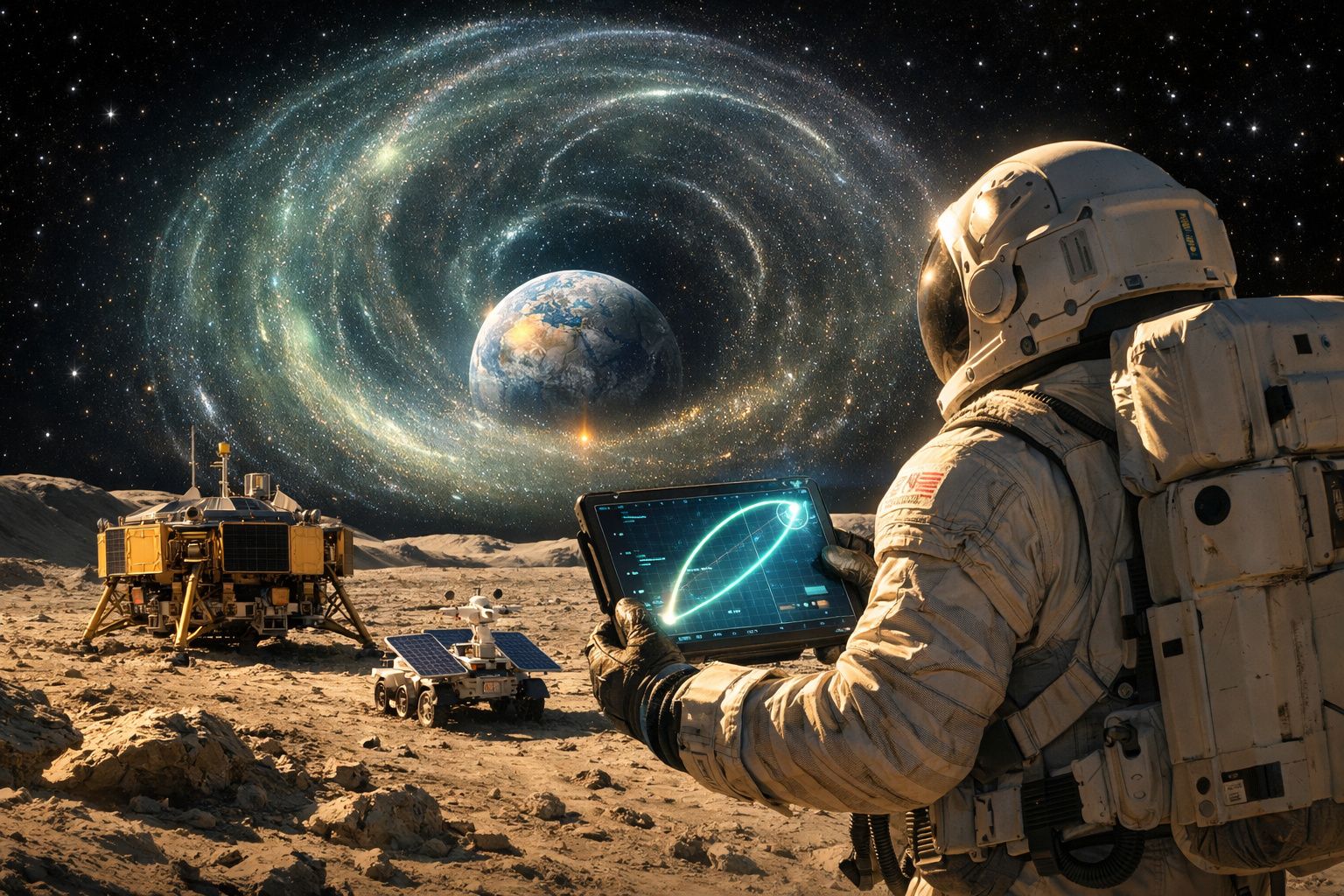 Astronauta na superfície lunar com tablet, robôs e Terra visível com galáxia espiral ao fundo.