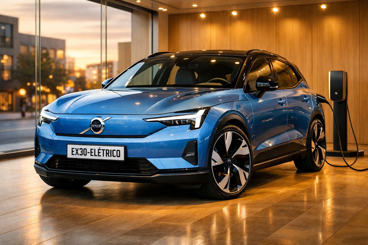 Carro elétrico Volvo EX30 azul estacionado dentro de um showroom moderno.