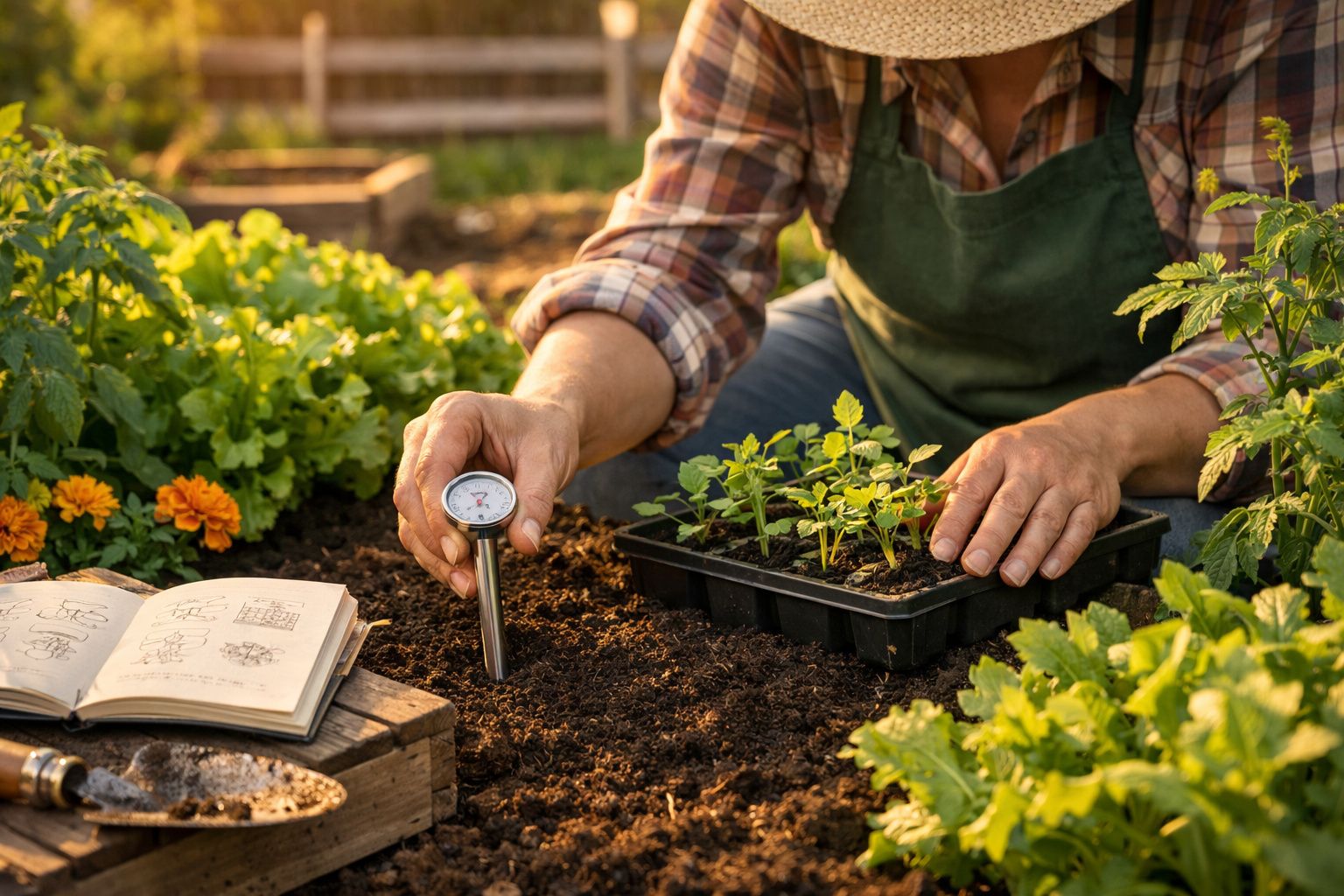 Pessoa a medir a humidade do solo numa horta, com mudas e um livro aberto ao lado.