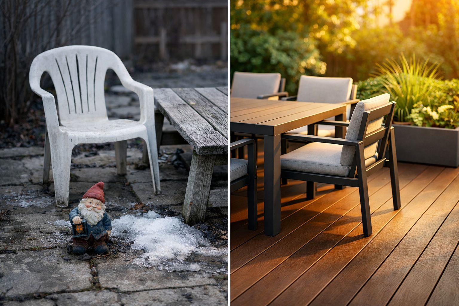 Comparação entre cadeira plástica velha com gnomo de jardim e conjunto moderno de mesa e cadeiras numa varanda iluminada pelo