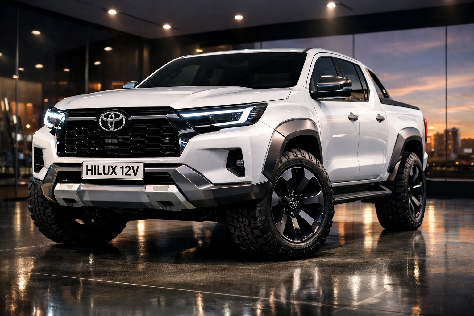 Picape Toyota Hilux 12V branca, robusta, com jantes pretas e faróis LED ligados em ambiente interior.