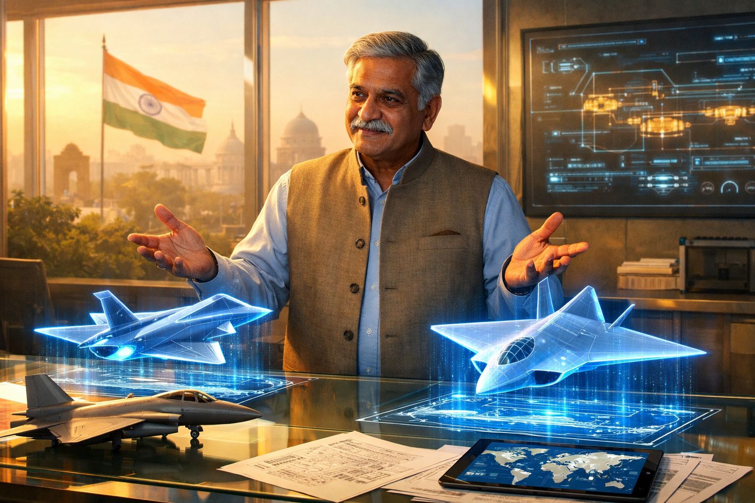 Homem indiano apresenta modelos holográficos de caças modernos numa sala com bandeira da Índia ao fundo.