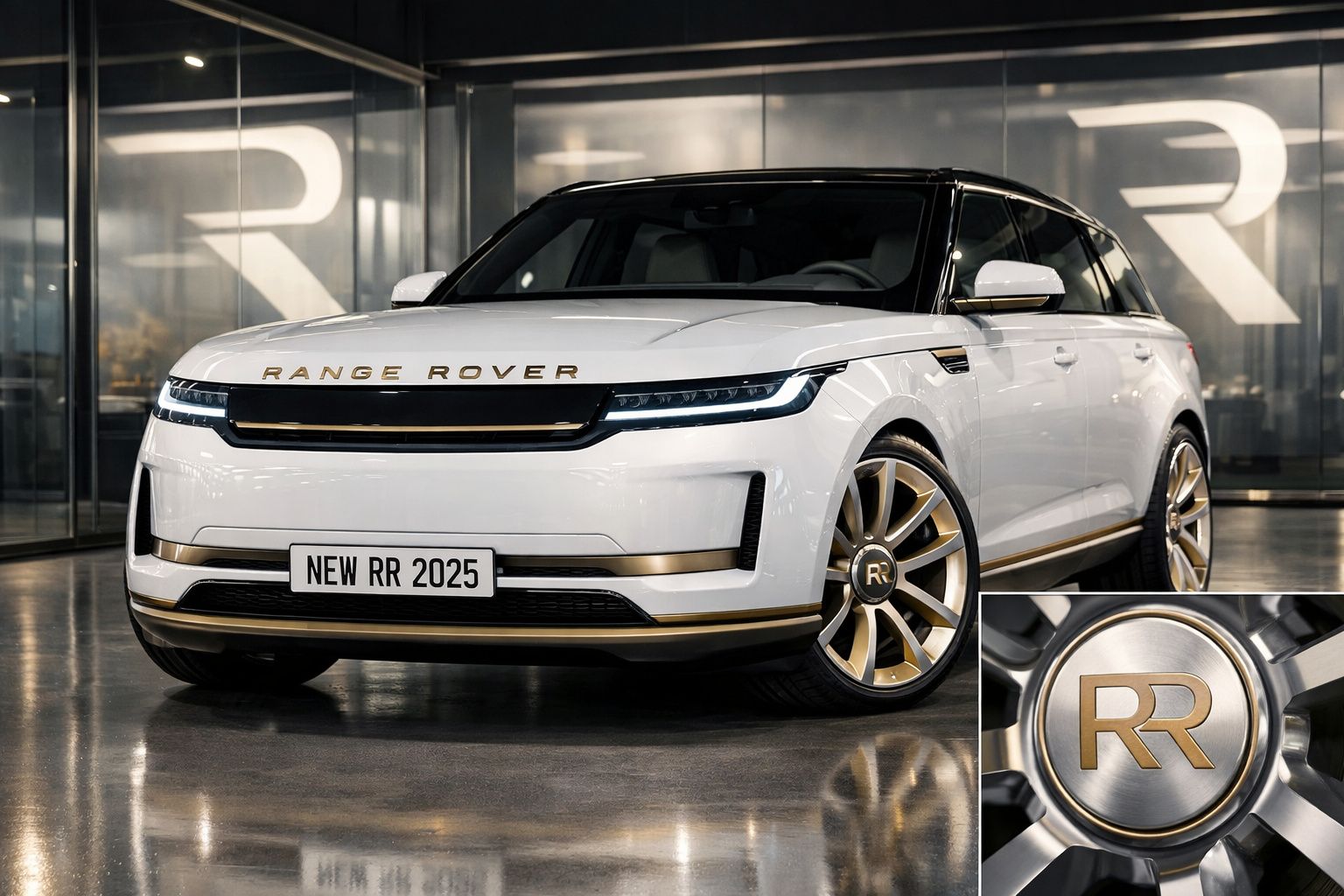 Carro Range Rover branco 2025 com detalhes dourados, pneus especiais e logótipo RR em destaque.