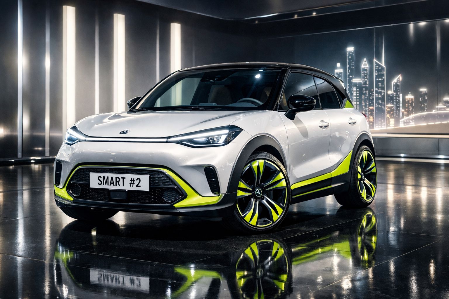 Carro elétrico Smart #2 branco com detalhes amarelo-lima e teto preto, em ambiente urbano futurista iluminado.