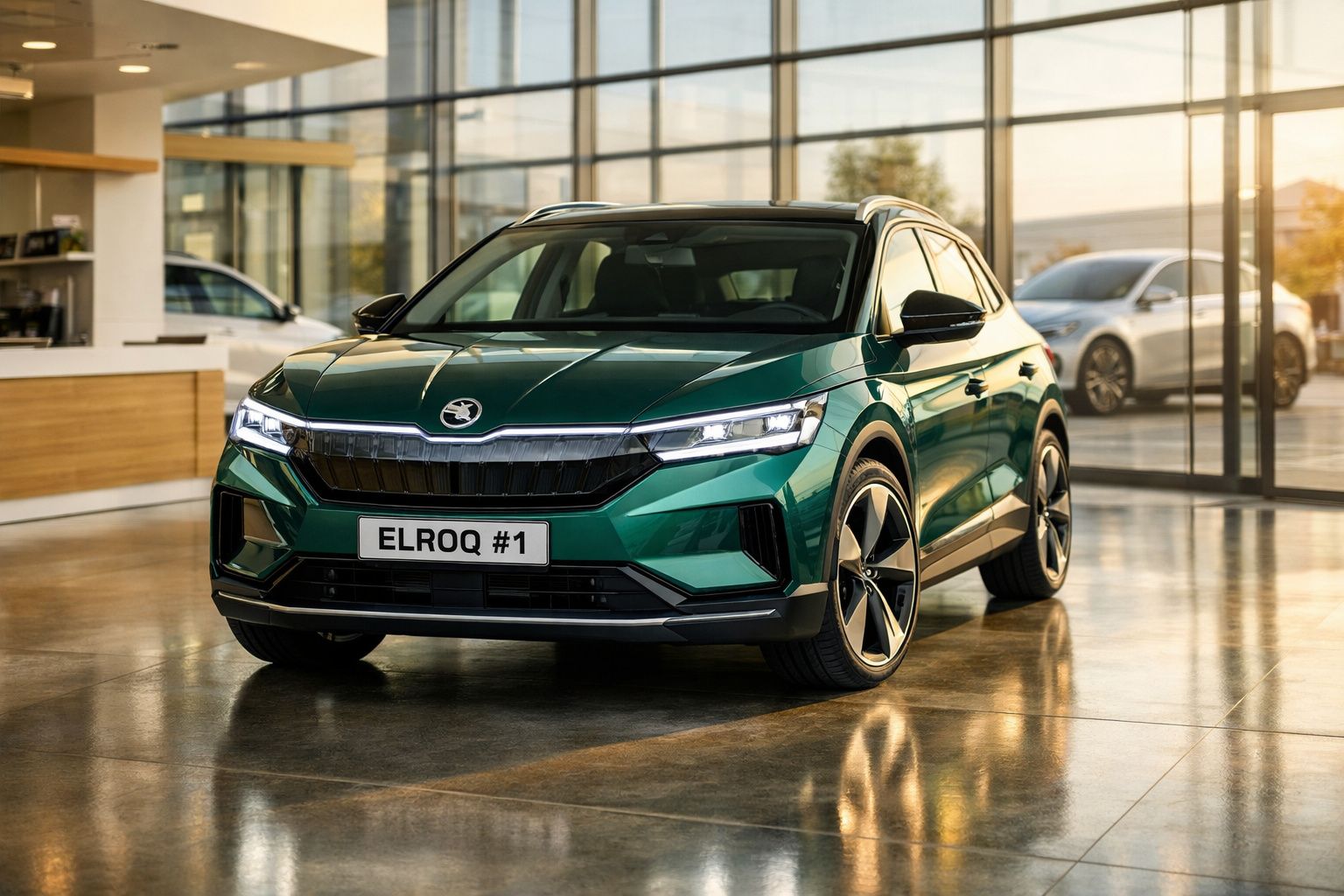 Carro elétrico verde Škoda Elroq #1 estacionado dentro de uma sala iluminada com janelas grandes.