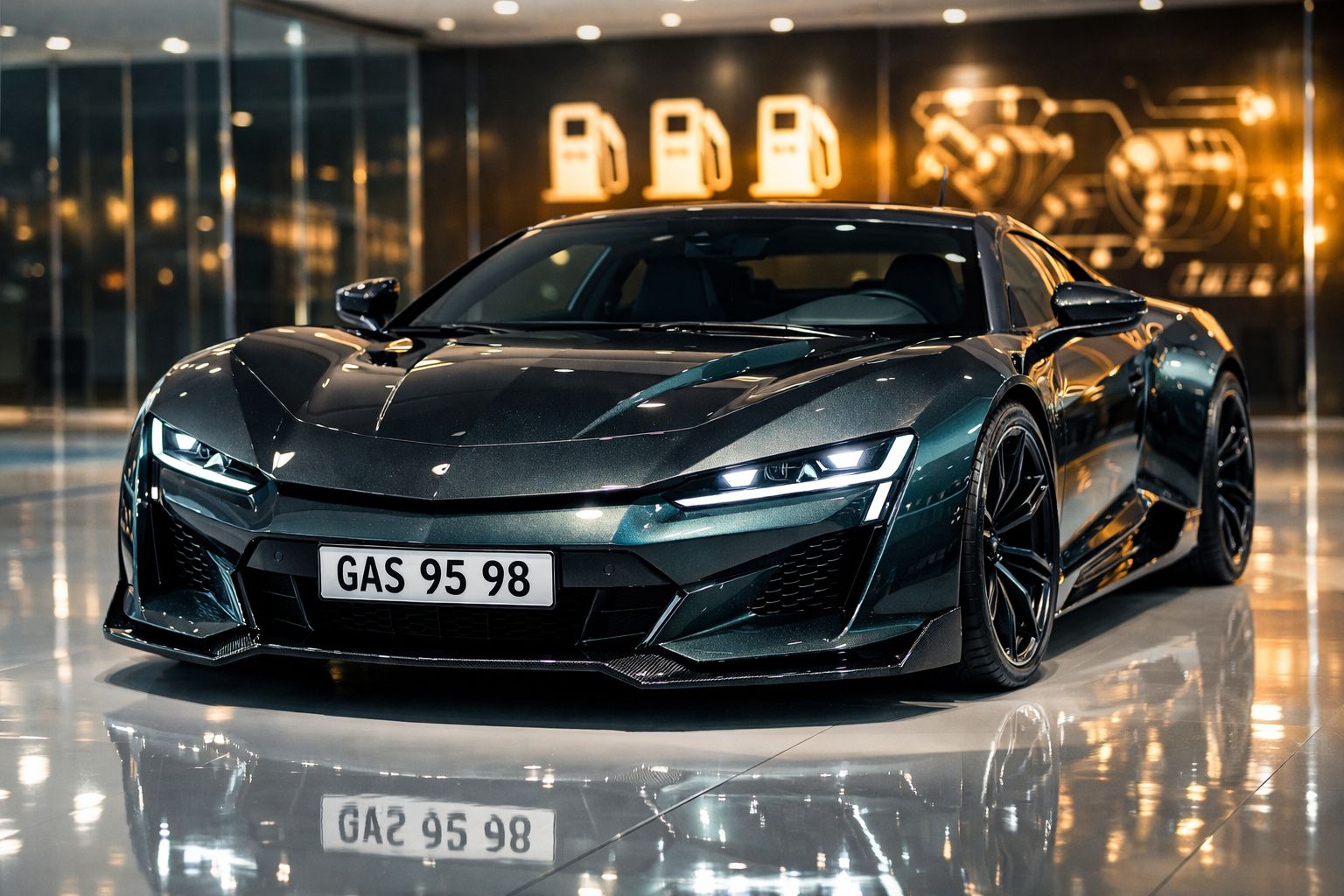 Carro desportivo preto com luzes dianteiras acesas, estacionado em piso brilhante interior.