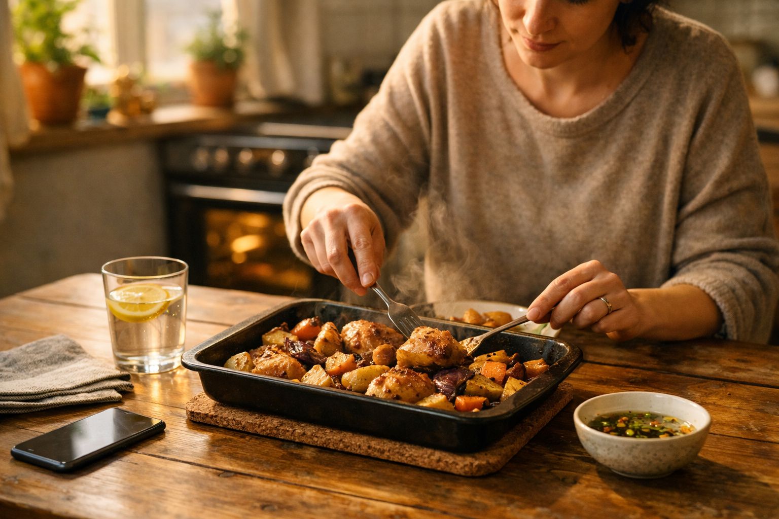 Pessoa a cortar frango assado com legumes numa travessa numa mesa de madeira com copo de água e telemóvel.