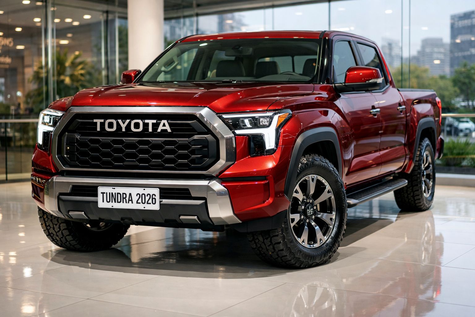 Picape Toyota Tundra 2026 vermelha em exposição num showroom com iluminação interior.