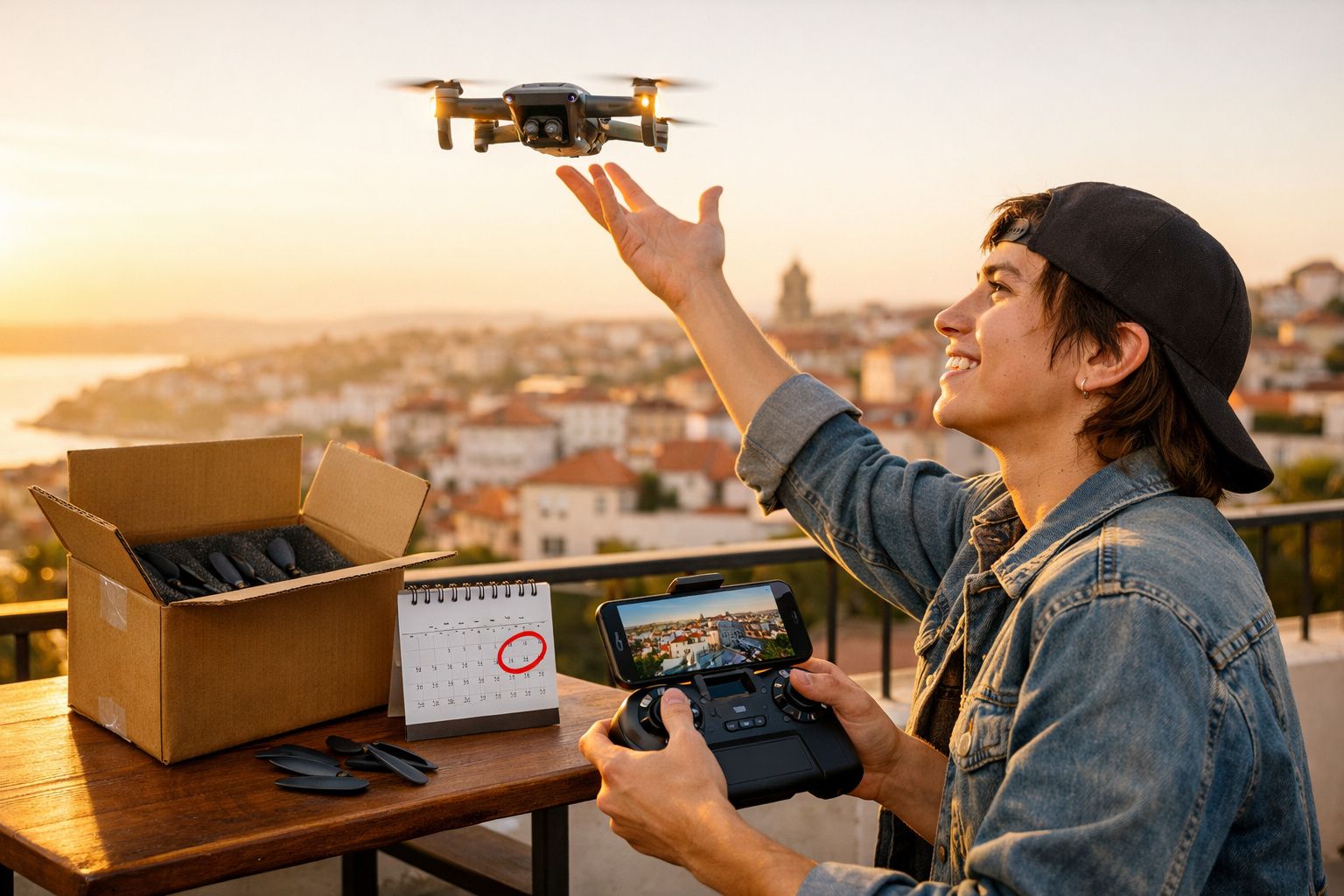 Pessoa com boné lança drone controlado por comando remoto com vista urbana ao pôr do sol.
