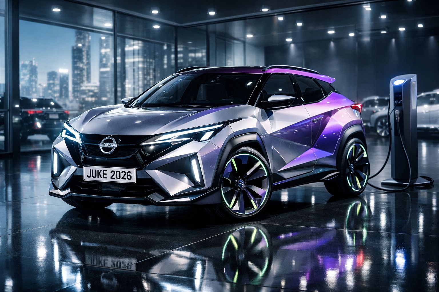 Carro elétrico Nissan Juke 2026 prateado com luzes LED, em estação de carregamento numa garagem moderna à noite.