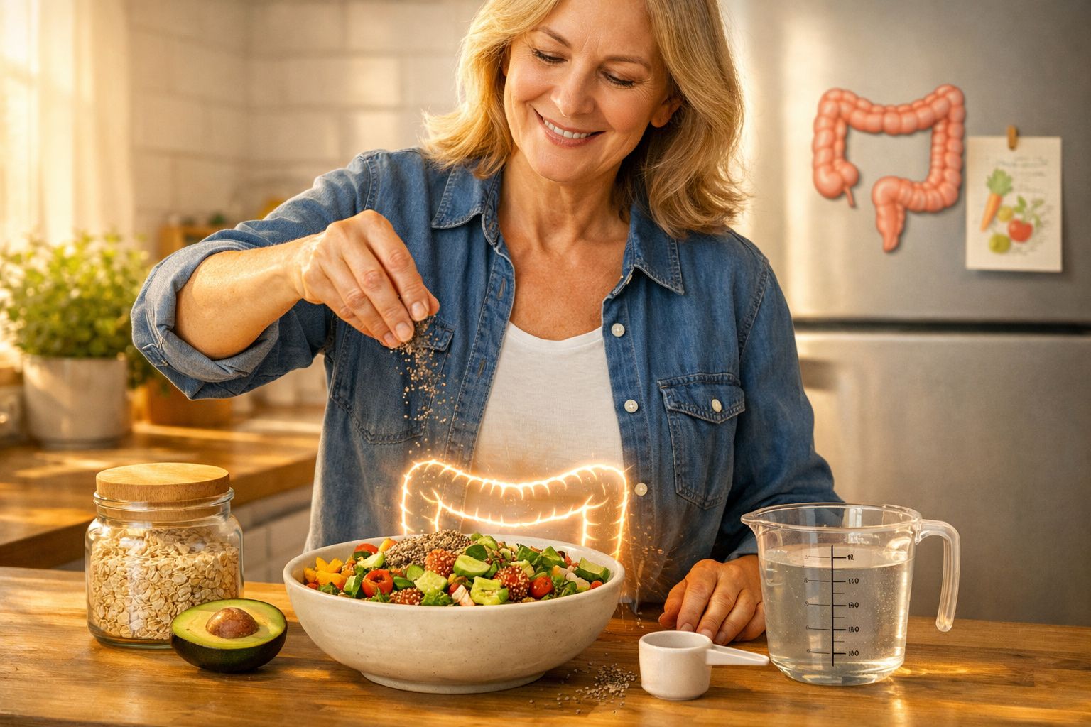 Mulher a temperar salada saudável na cozinha, com ilustração digital do intestino brilhante ao fundo.