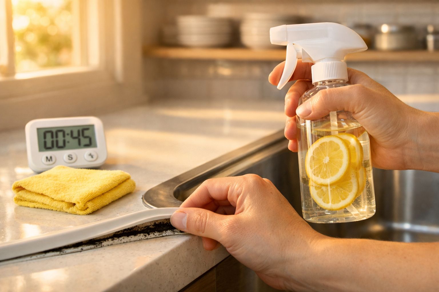 Mãos a limpar mofo numa bancada de cozinha com spray caseiro de limão e pano amarelo próximo.
