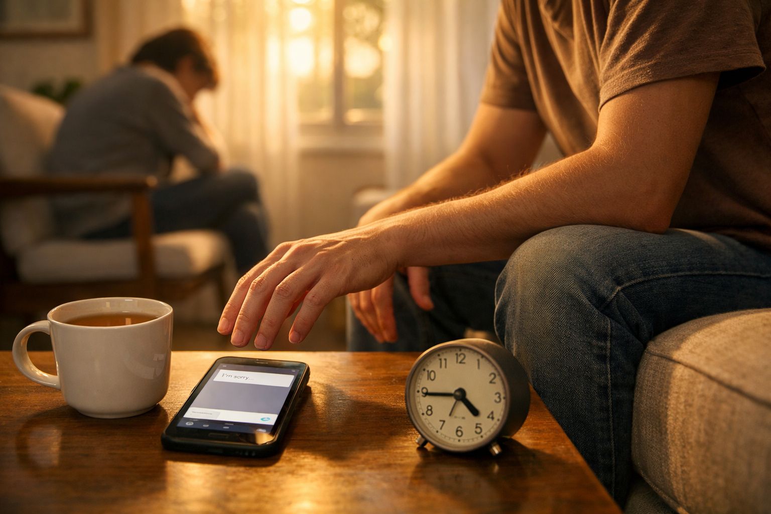 Pessoa prestes a enviar mensagem de pedido de desculpa enquanto outra pessoa está sentada ao fundo com expressão triste.