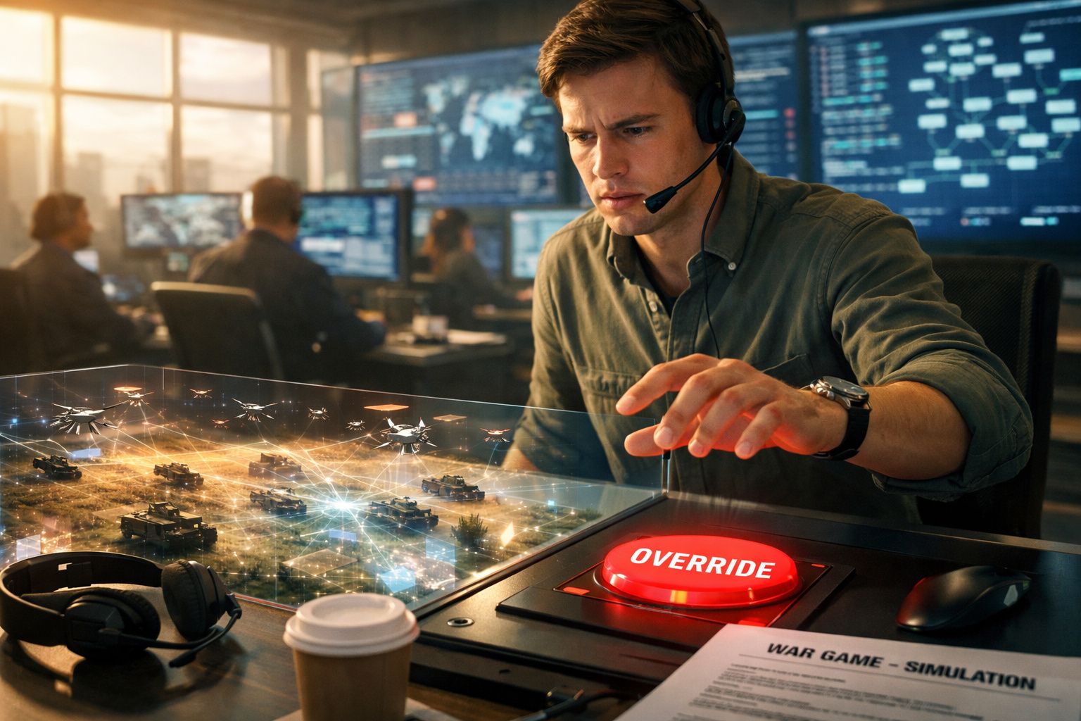 Homem com headset controla simulação militar digital com veículos e drones e botão vermelho "override".