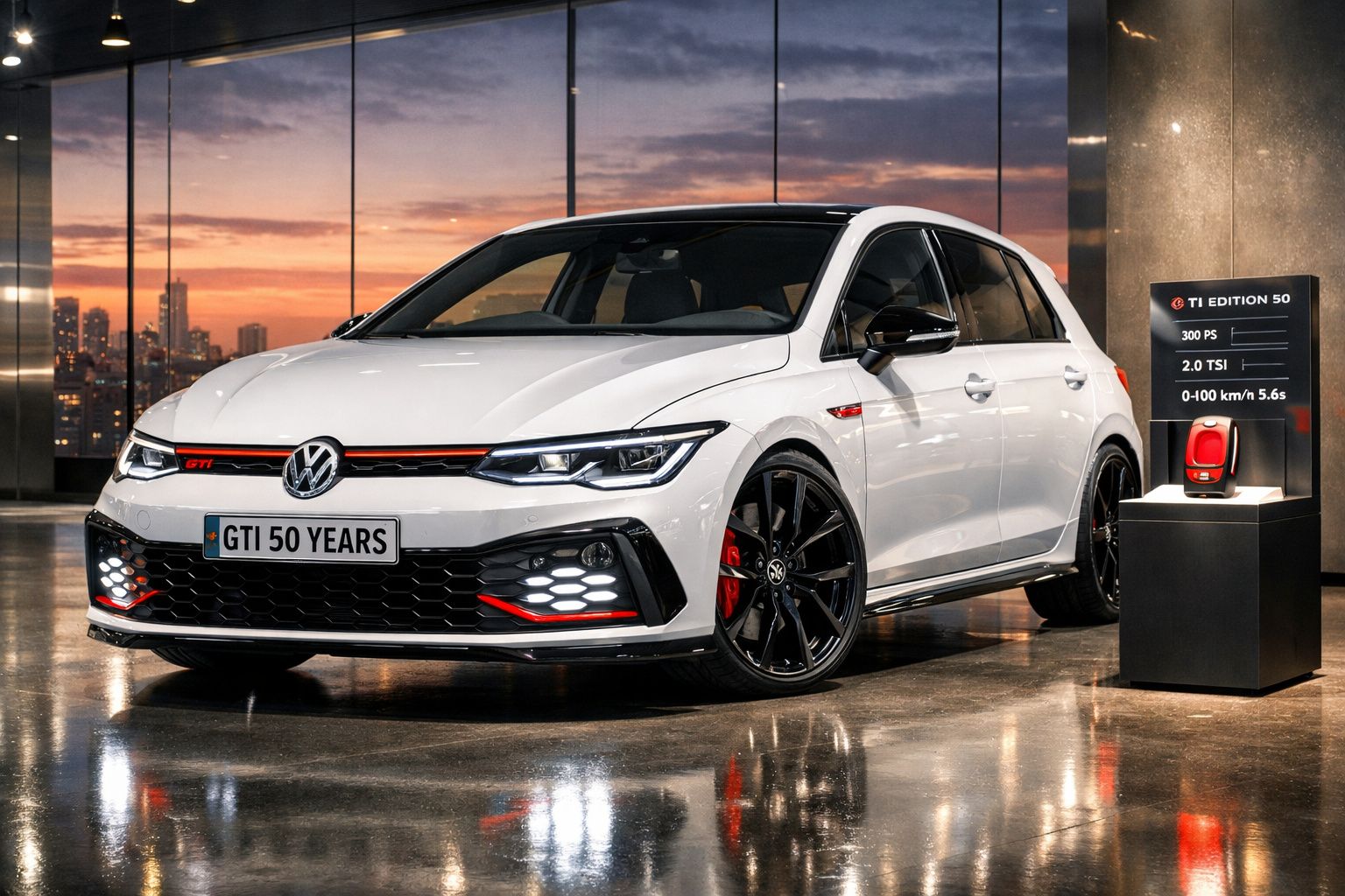 Carro Volkswagen GTI branco com jantes pretas em destaque, durante o pôr do sol numa sala moderna.