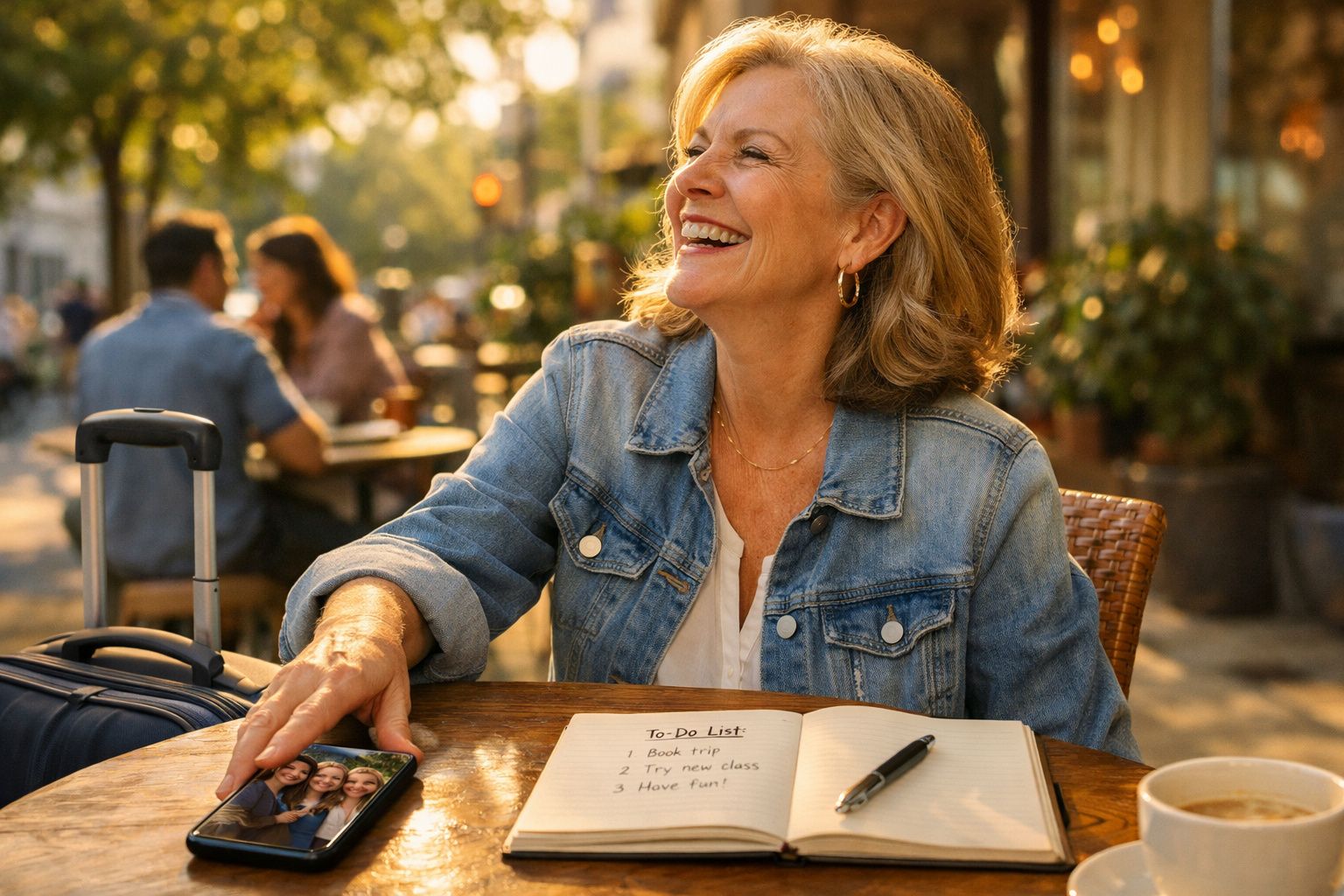 Mulher sorridente sentada num café com lista de tarefas, telemóvel e mala de viagem ao lado, ao sol.