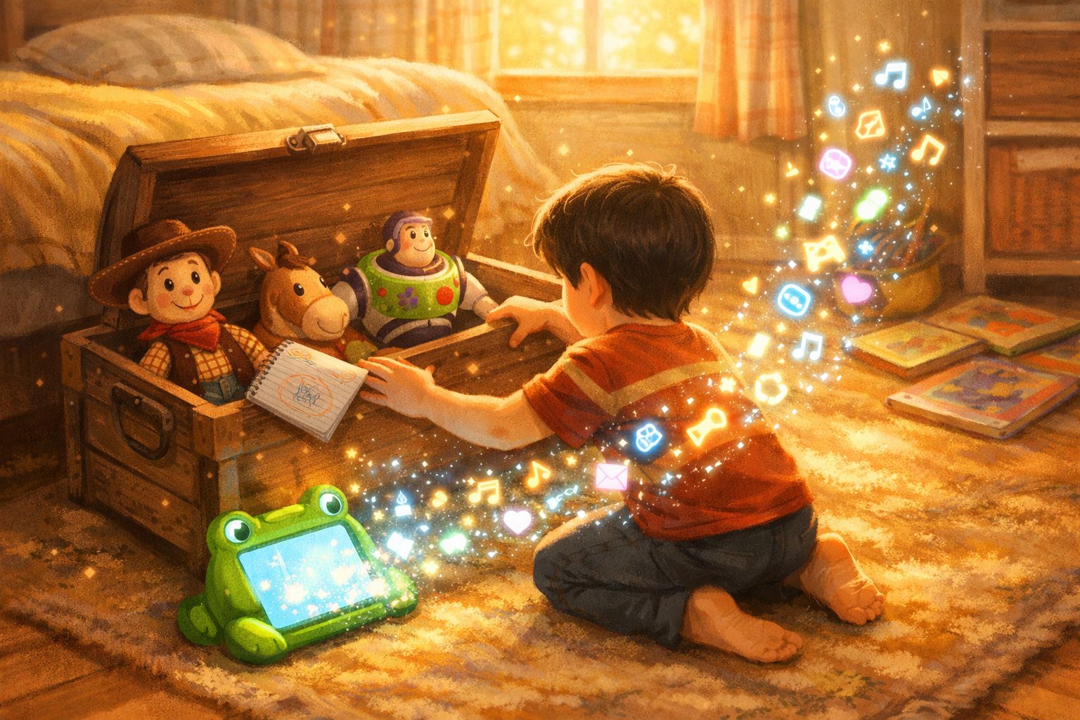 Menino ajoelhado abre baú com bonecos e luzes mágicas saem de tablet em forma de rã no tapete.