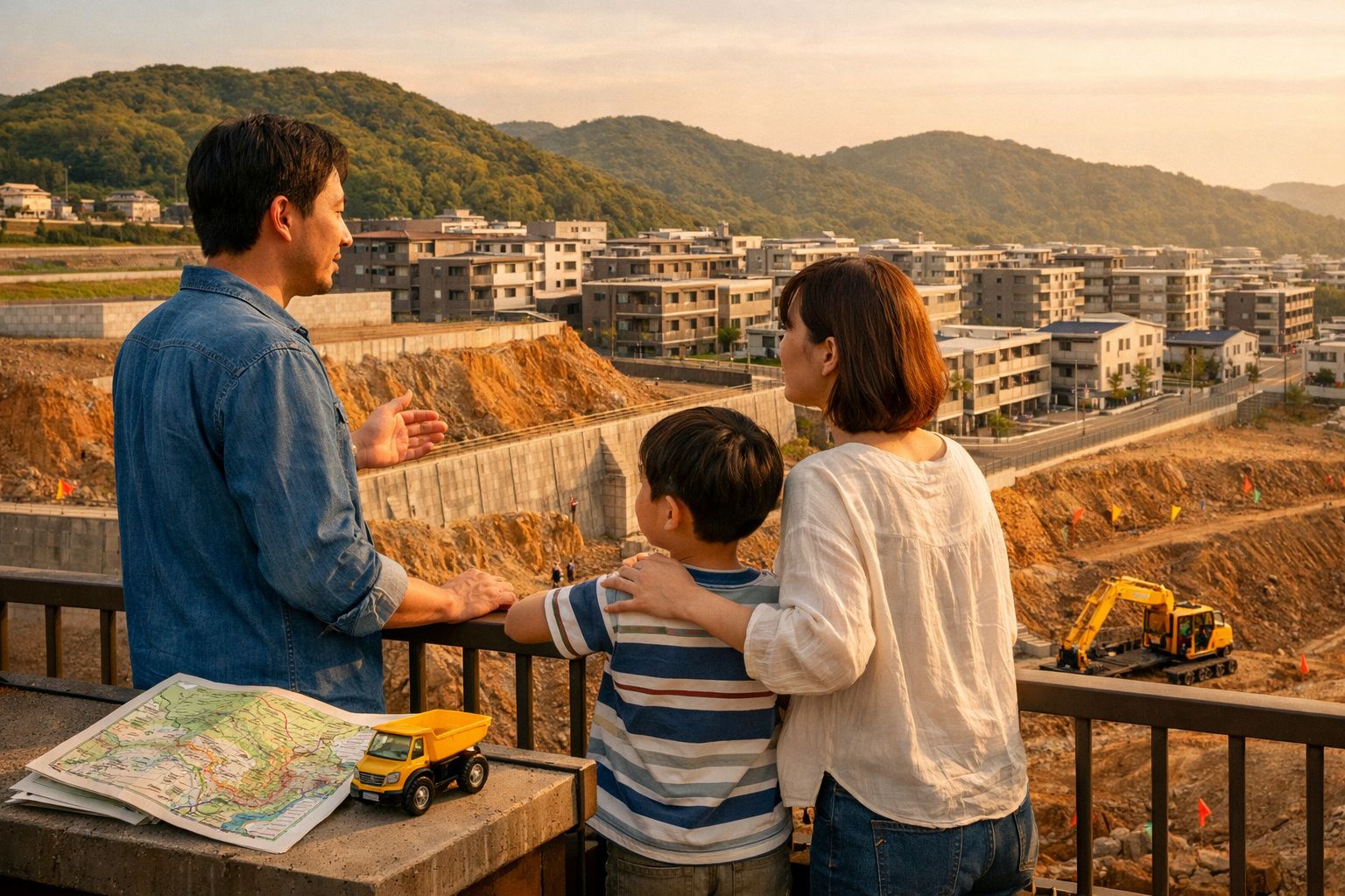 Família observa construção em área urbana com prédios e colinas ao pôr do sol.