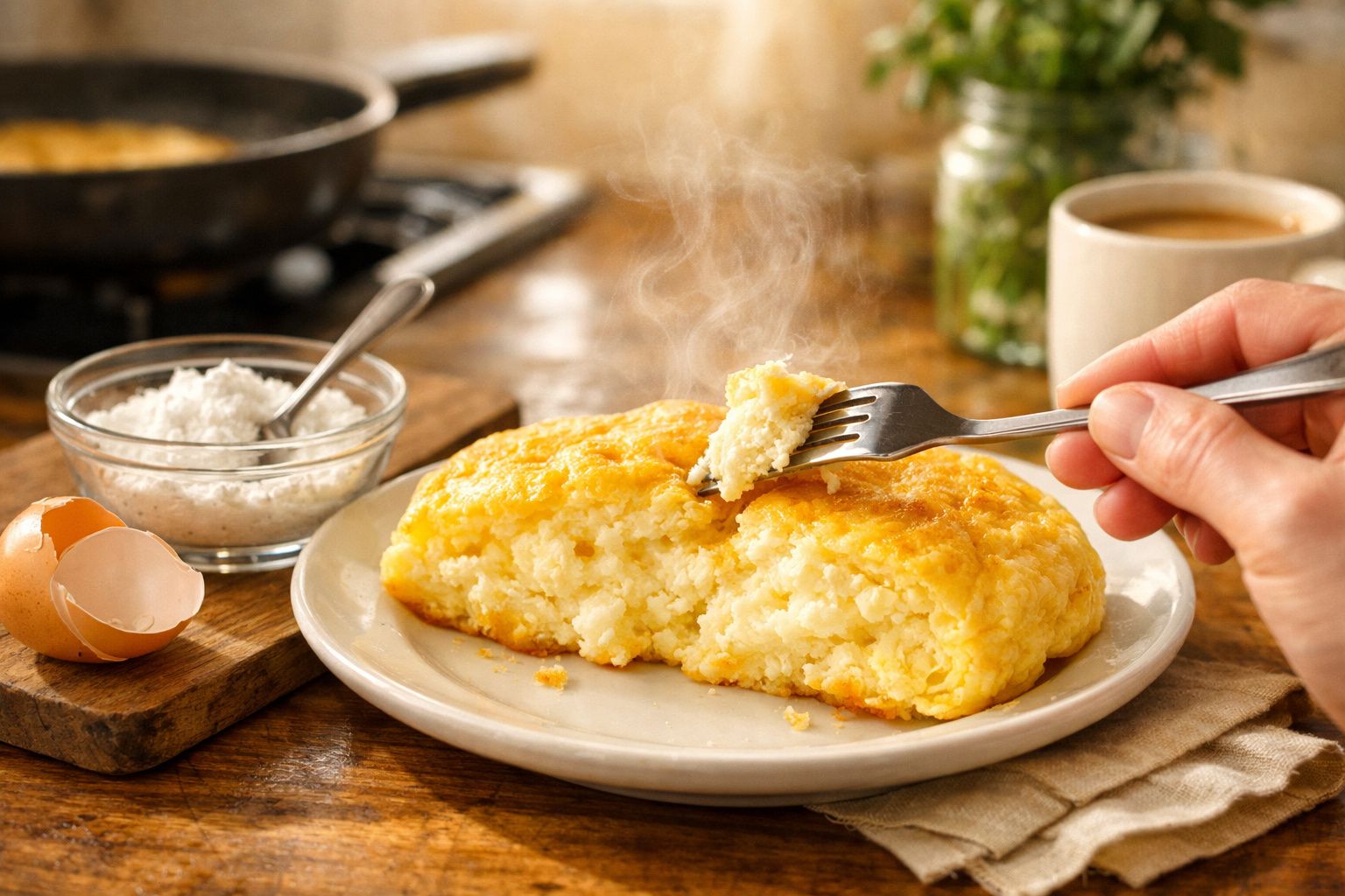Prato com omelete quente e fofa, garfo a pegar uma porção, com ovos e farinha numa mesa de madeira.