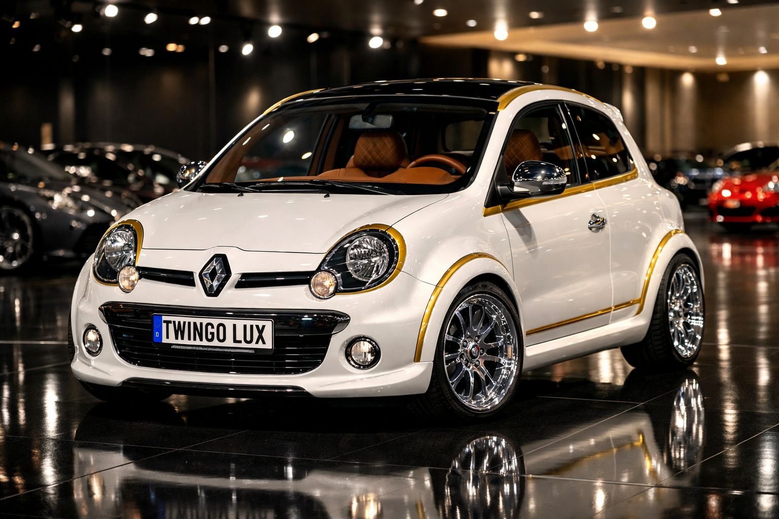 Carro Renault Twingo Lux branco com detalhes dourados em exposição num salão automóvel.