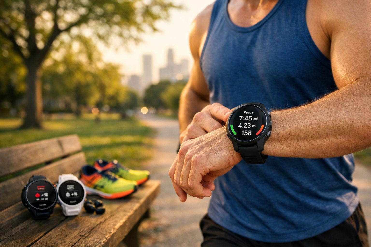 Homem com camisa azul a olhar para relógio desportivo inteligente durante corrida ao ar livre.