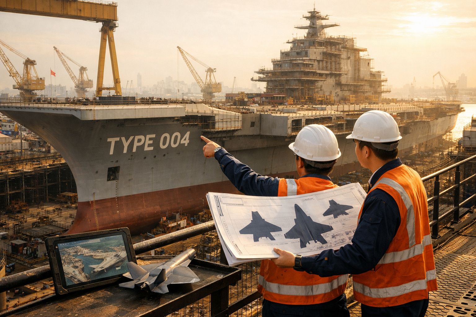 Dois engenheiros com capacetes e coletes refletores observam um enorme porta-aviões em construção numa doca.