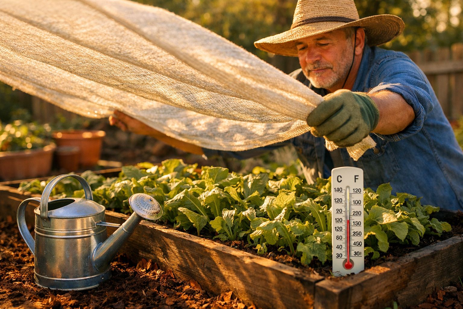 Homem a proteger plantas numa horta com tela, regador e termómetro a indicar temperatura entre 20 e 30º.