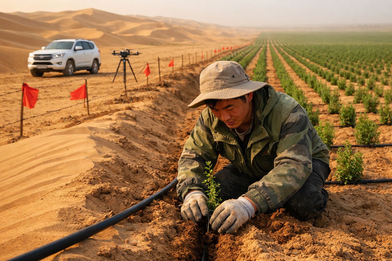 Homem a plantar árvores numa área semiárida com irrigação por gotejamento, ao lado de dunas de areia.
