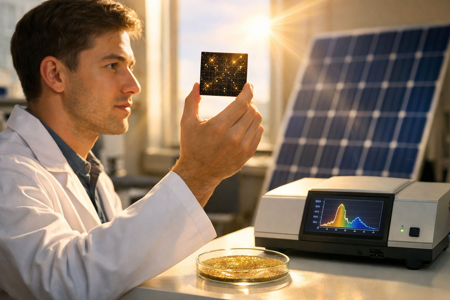Cientista a analisar célula solar transparente com gráfico em equipamento e painéis solares ao fundo.