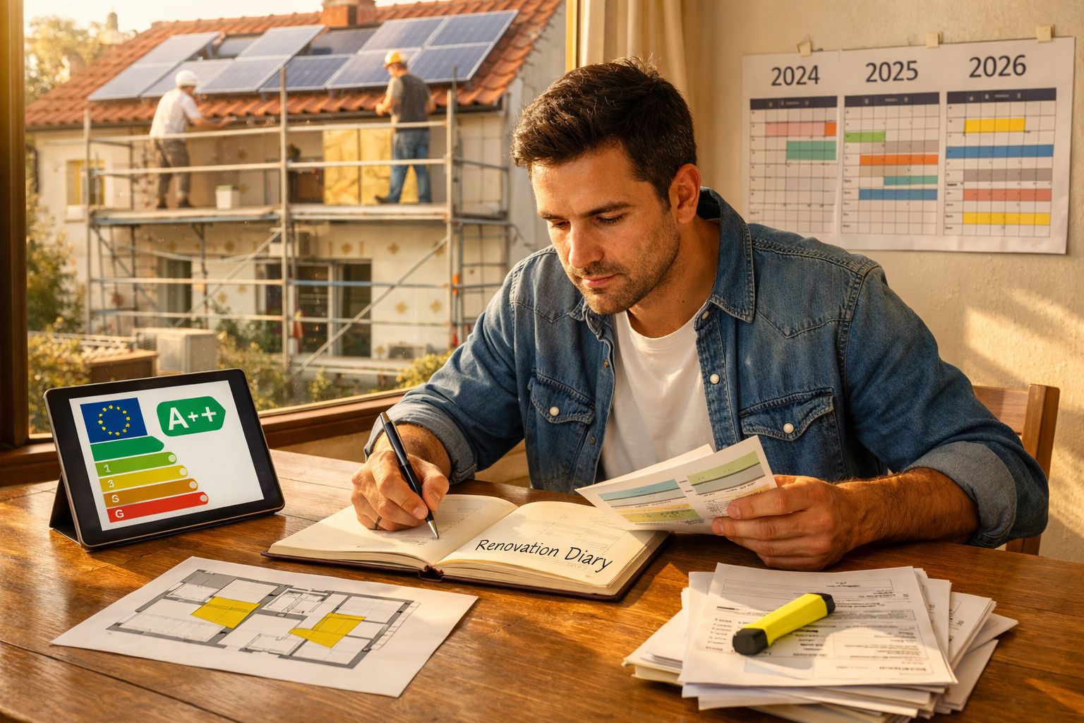 Homem a planear renovação residencial com documentos, plantas e classificação energética ao fundo.