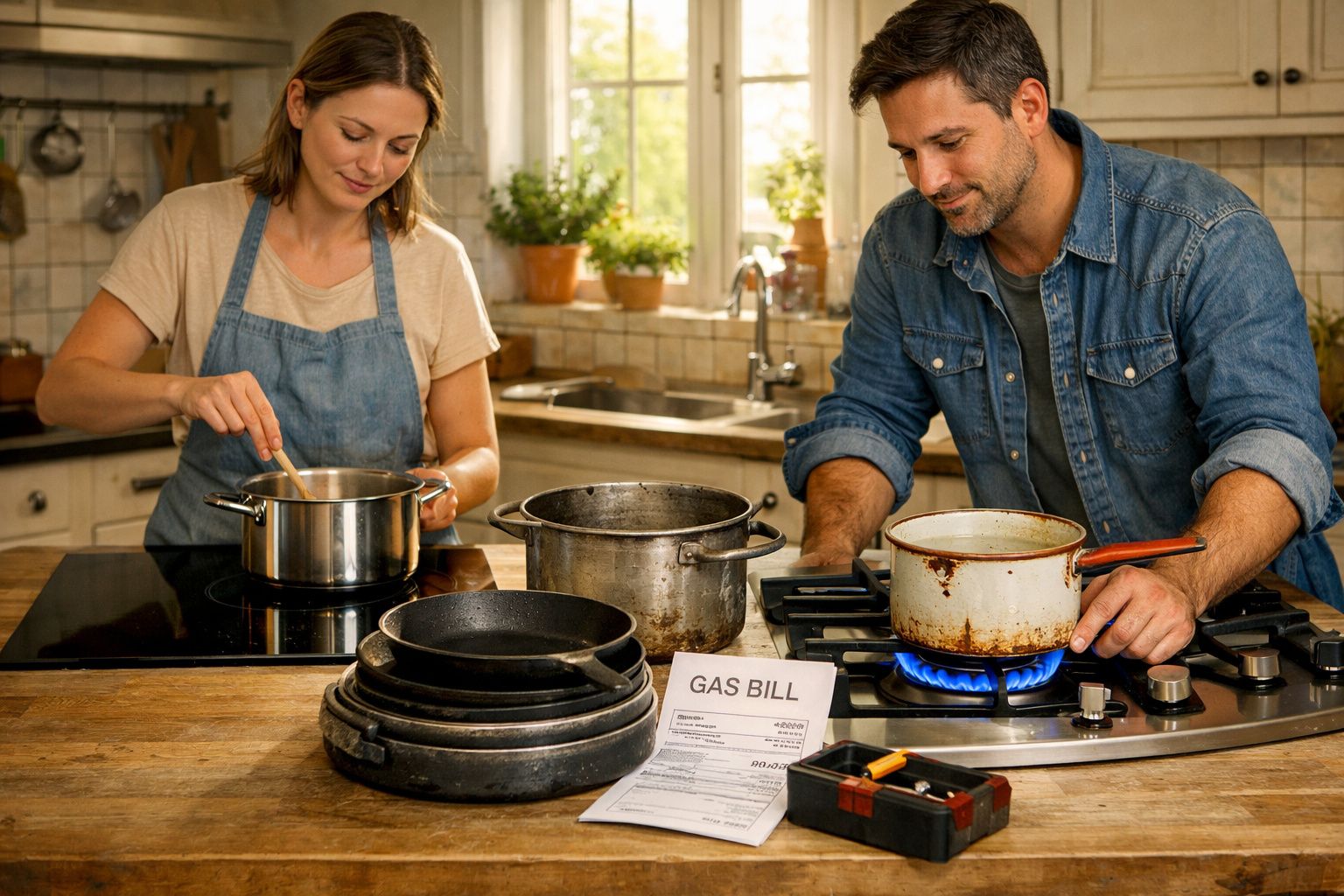 Casal cozinha numa cozinha luz natural, com faturas do gás e tachos sobre a bancada.