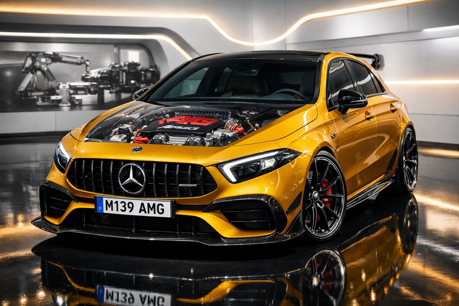 Carro desportivo Mercedes-AMG amarelo com capô transparente mostrando o motor, em ambiente moderno e iluminado.