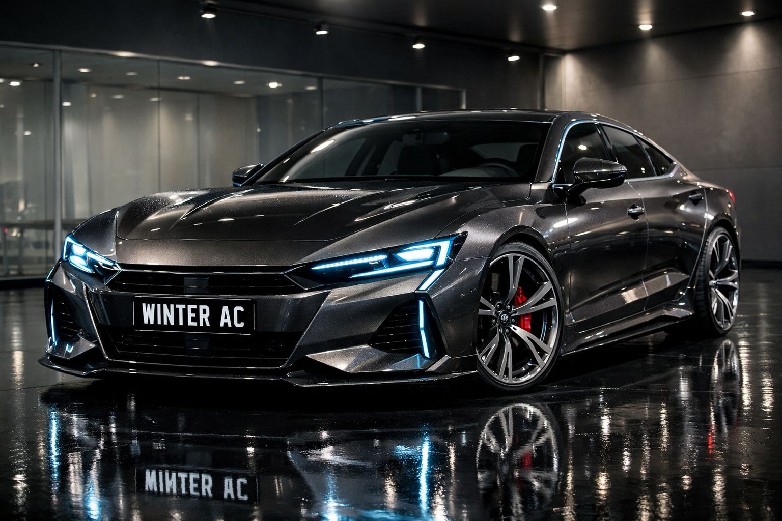 Carro desportivo preto com luzes LED azuis estacionado em piso molhado sob iluminação artificial.