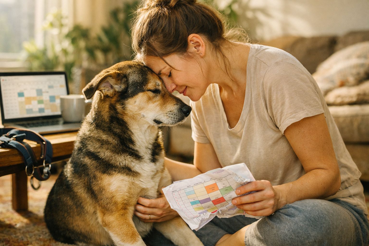 Mulher toca com a testa num cão sentado, enquanto segura um calendário colorido, com laptop e coleira ao fundo.