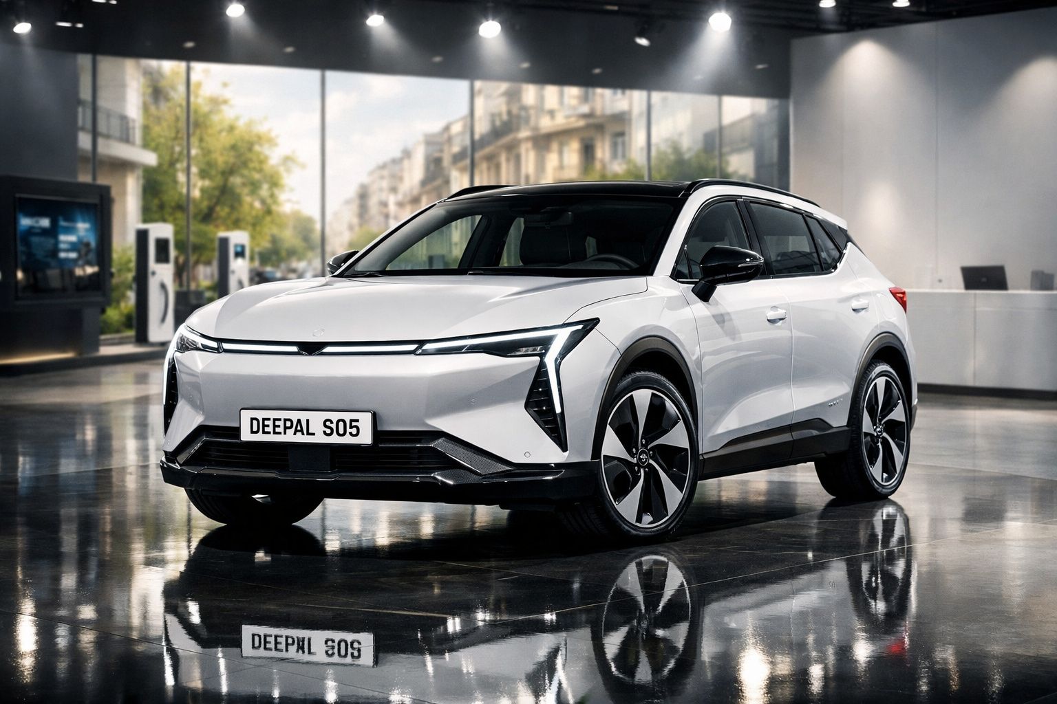 Carro elétrico branco Deepal S05 estacionado em espaço interior moderno com chão refletor.