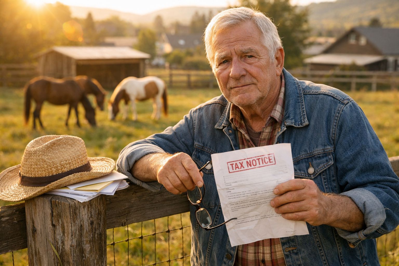 Homem idoso em quinta segura aviso de imposto com expressão preocupada, cavalos ao fundo ao pôr do sol.