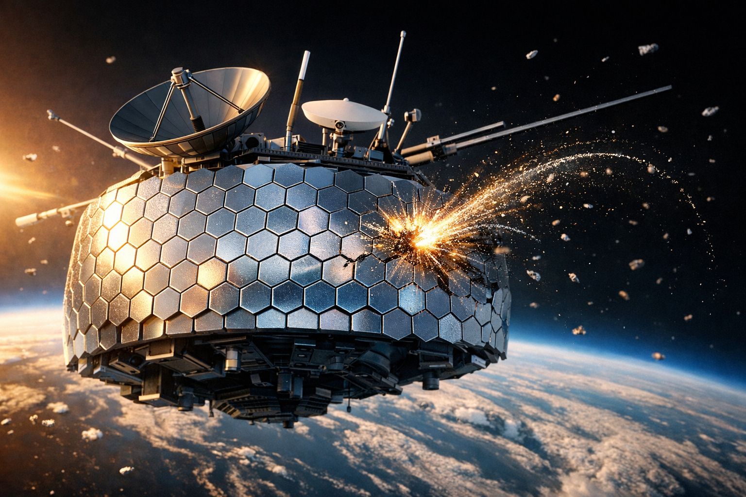 Nave espacial metálica danificada por impacto com detritos ao orbitar a Terra, com explosão e fragmentos visíveis.