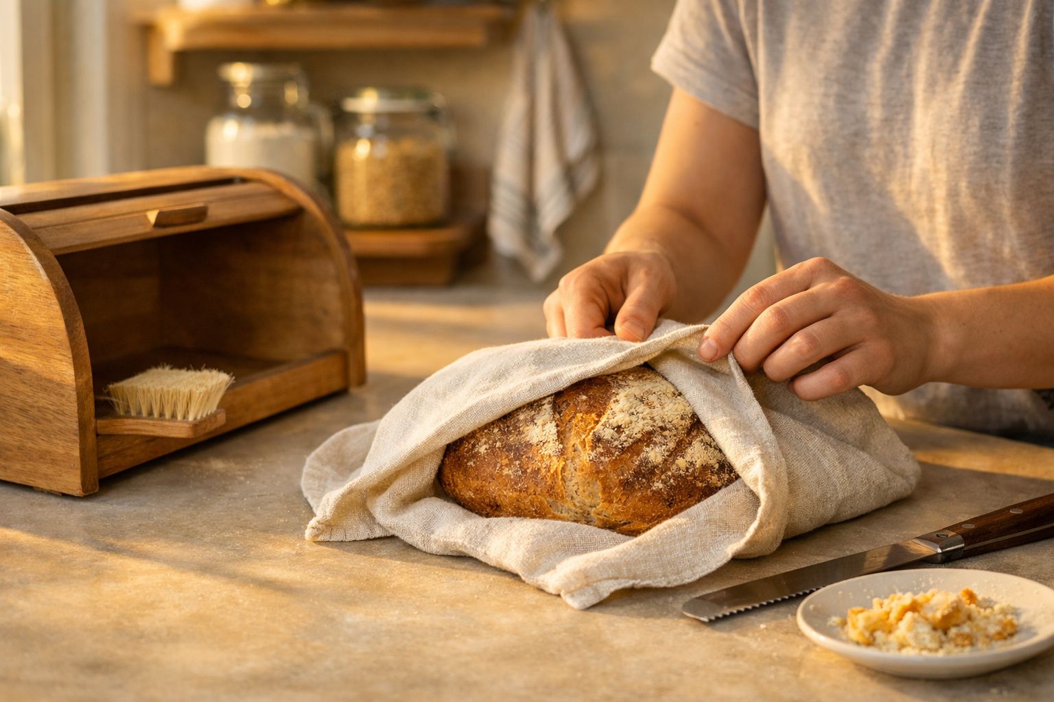 Pessoa a embrulhar pão caseiro numa toalha em cozinha com cesto de pão e faca na bancada.