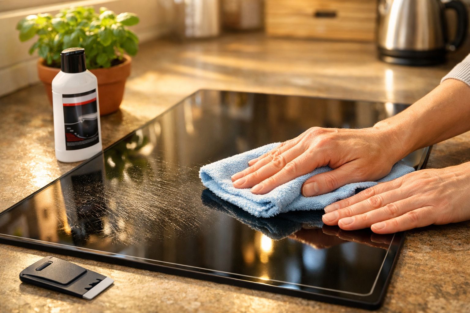 Mãos a limpar placa de fogão vitrocerâmica com pano azul numa cozinha com frasco de produto de limpeza.