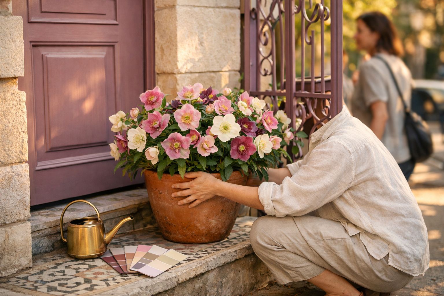 Pessoa a ajeitar vaso com flores rosa e creme à porta, regador dourado e amostras de cor no chão.