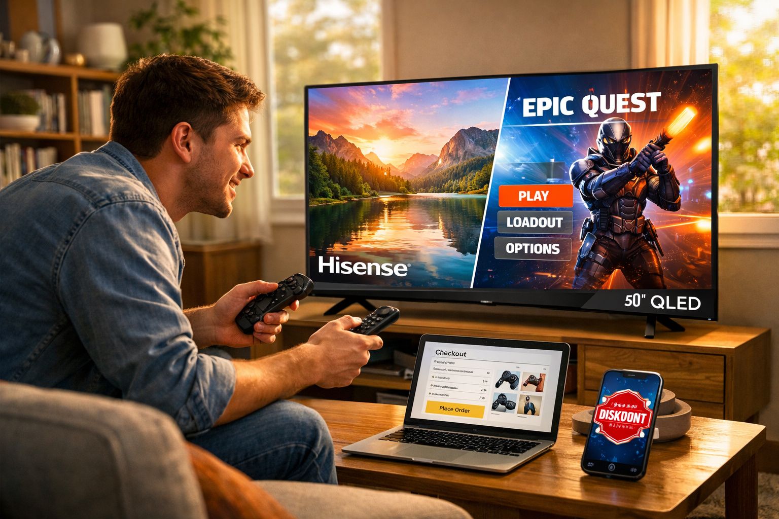Homem sentado no sofá a jogar videojogo numa TV Hisense 50" QLED, com portátil e telemóvel à sua frente.