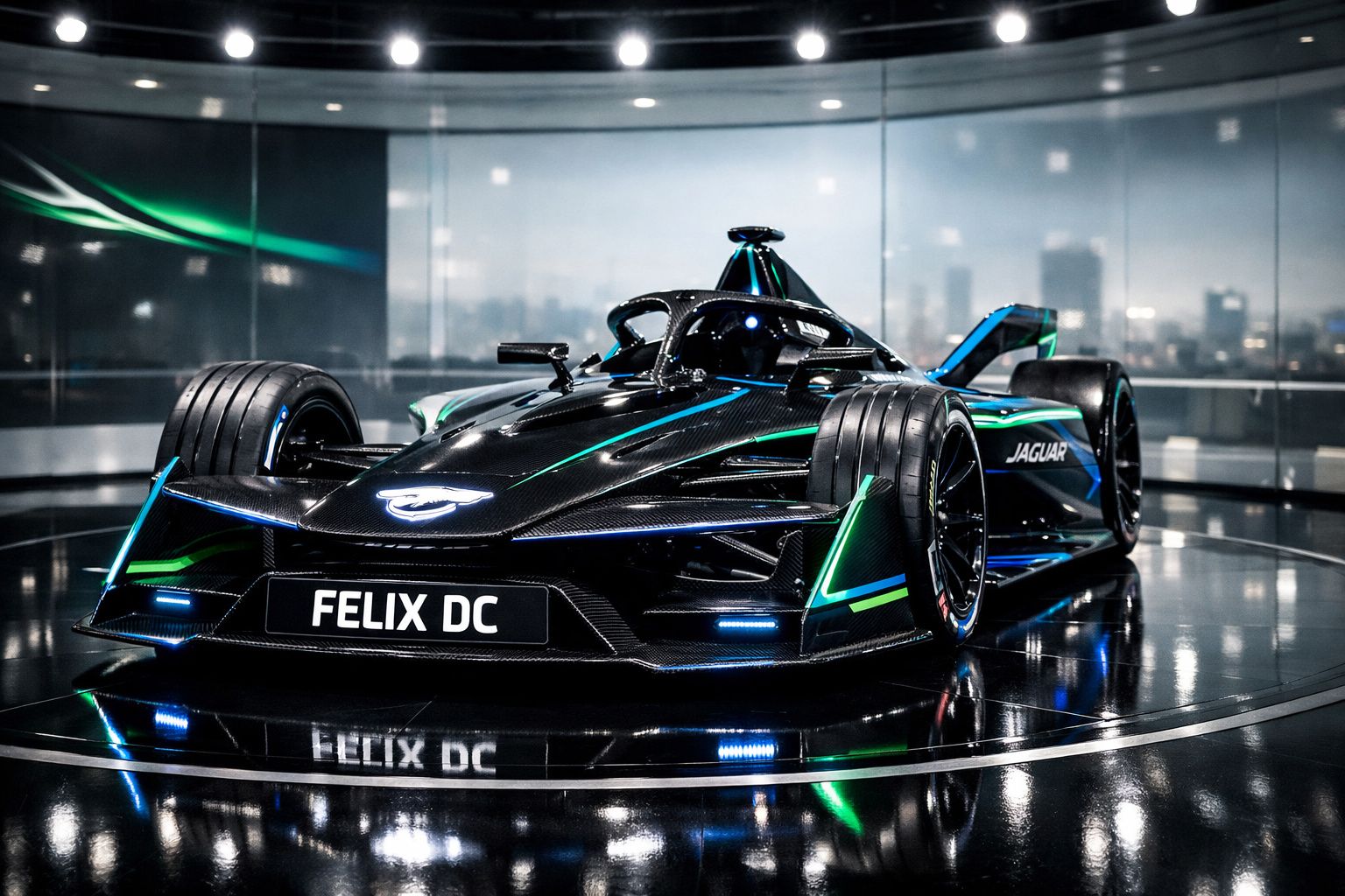 Carro de corrida elétrico preto e verde da Jaguar, com design aerodinâmico e iluminação LED em exposição.