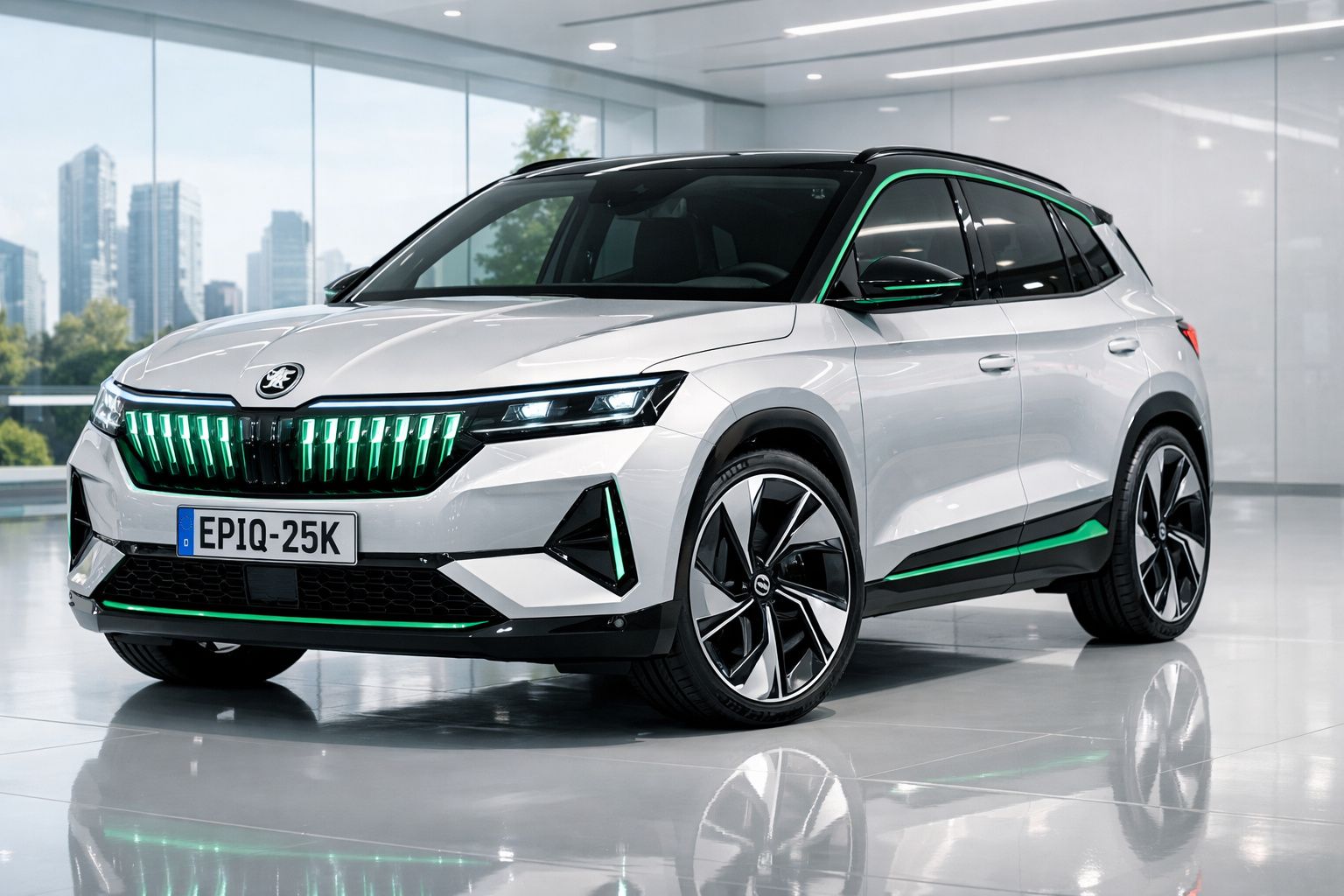 Carro SUV elétrico branco com detalhes verdes e faróis LED modernos em ambiente de showroom.