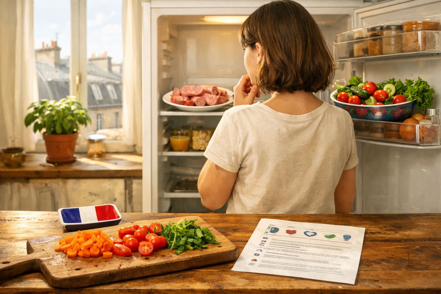 Pessoa de costas a escolher comida na frigorífico, com legumes cortados e receita numa bancada de madeira.