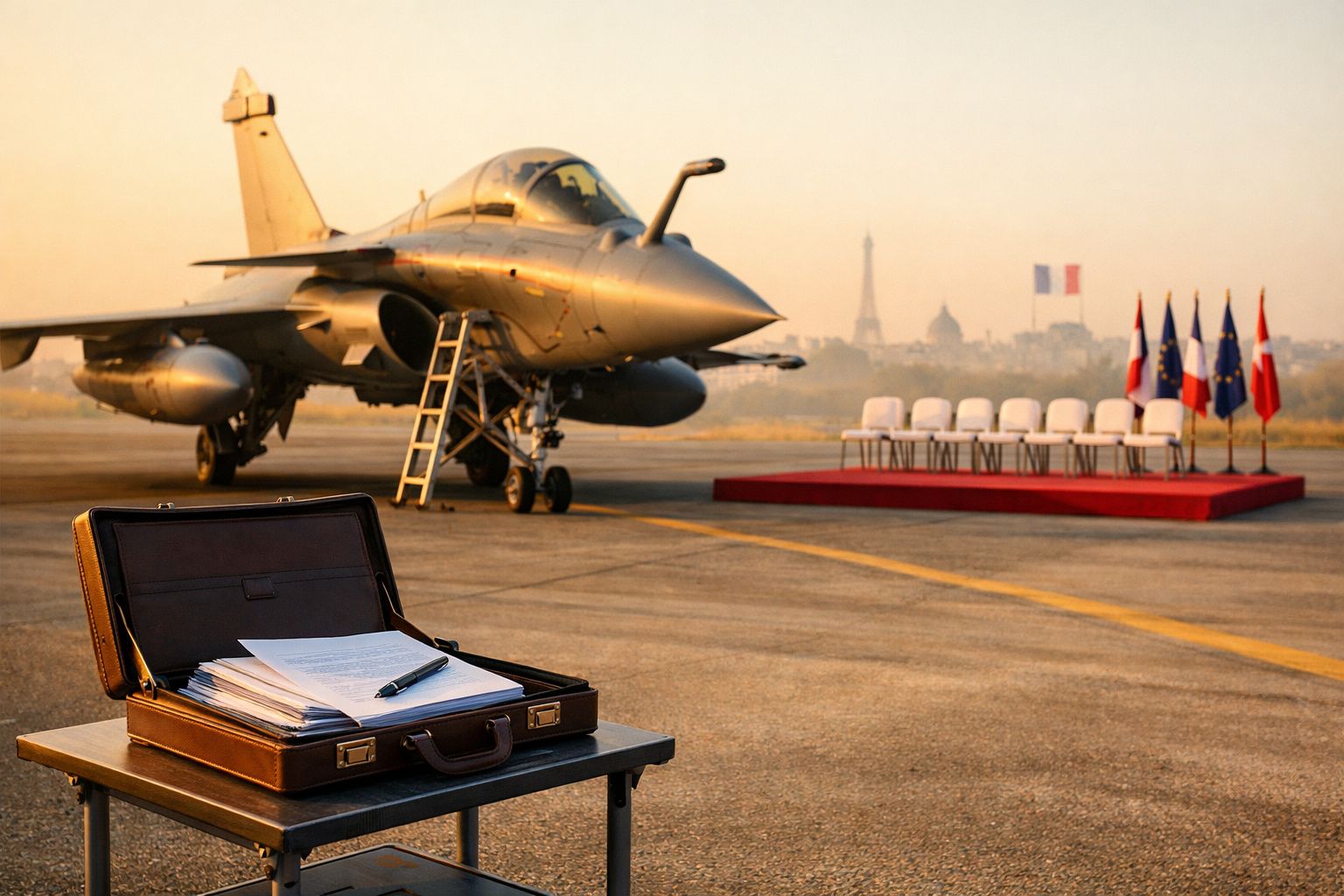 Maleta com documentos sobre mesa, caça militar estacionado e plataforma com cadeiras e bandeiras em aeroporto ao pôr do sol.
