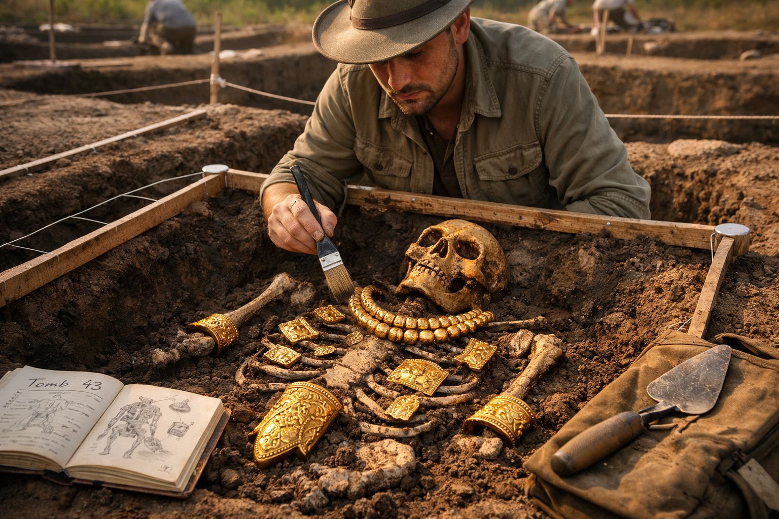 Arqueólogo escava esqueleto com joias douradas antigas num sítio arqueológico ao ar livre.