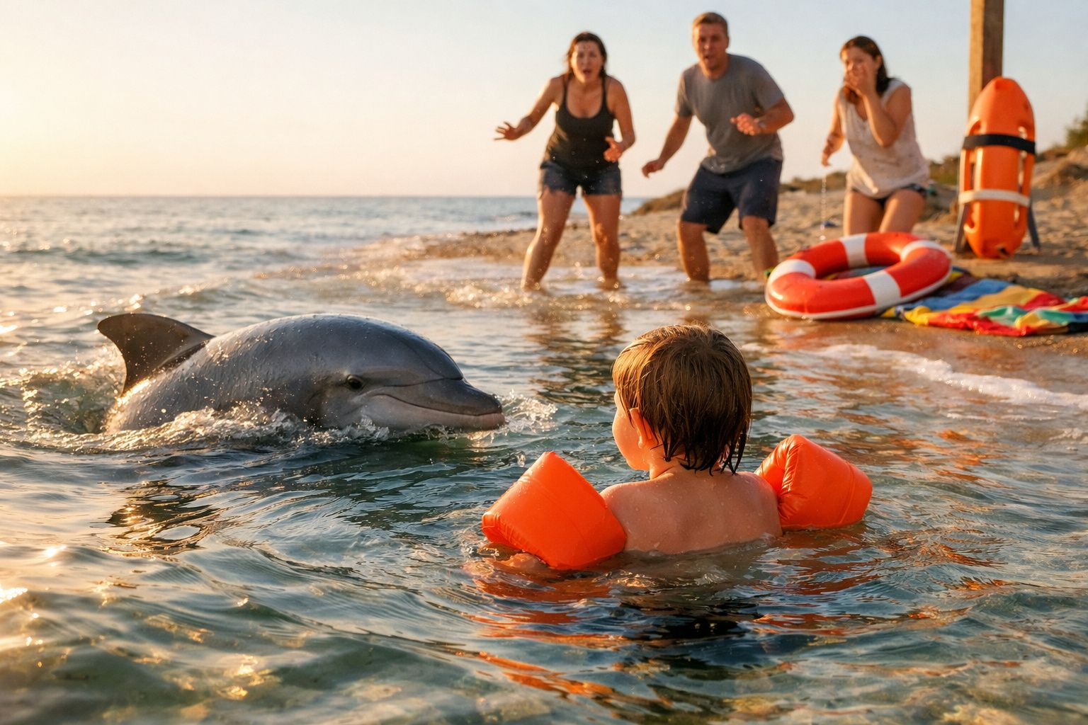 Criança com braçadeiras laranja na água a olhar para um golfinho perto da praia com três adultos ao fundo.