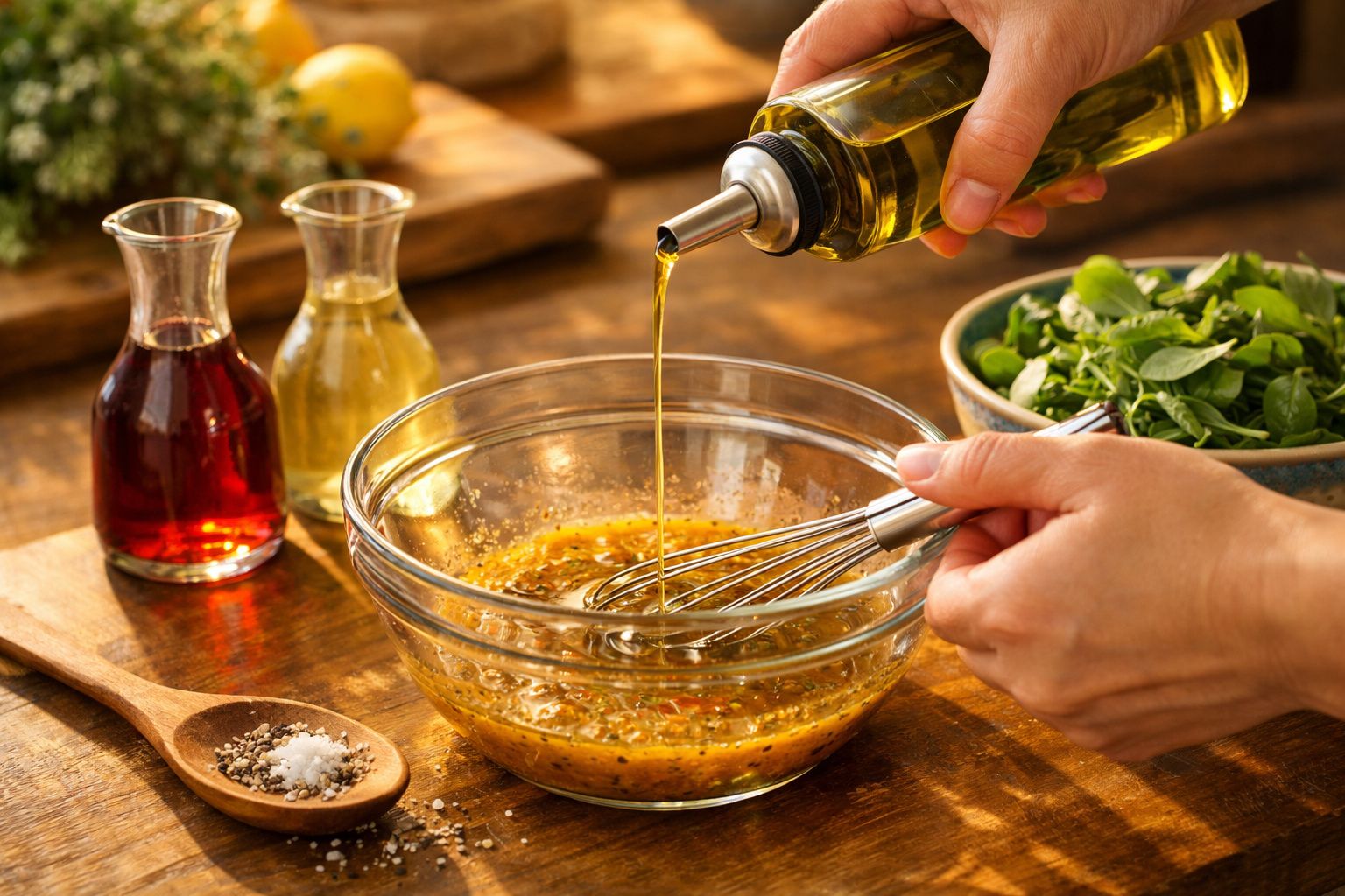 Mãos a misturar azeite numa taça com molho temperado e ingredientes num canto da mesa de madeira.